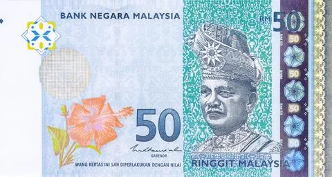 Fifty ringgit cash banknote from Malaysia featuring historical figure Stock Photos