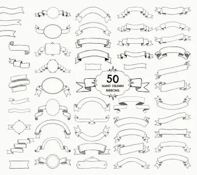 Fifty Vector Black Hand Drawn Ribbons, Banners, Frames Stock Illustration