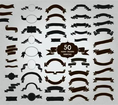 Fifty Vector Black Hand Drawn Ribbons, Banners, Frames Stock Illustration