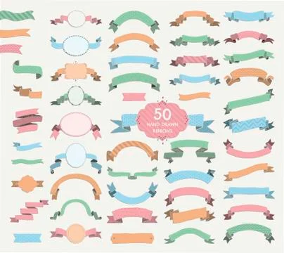 Fifty Vector Colorful Hand Drawn Ribbons, Banners, Frames Stock Illustration