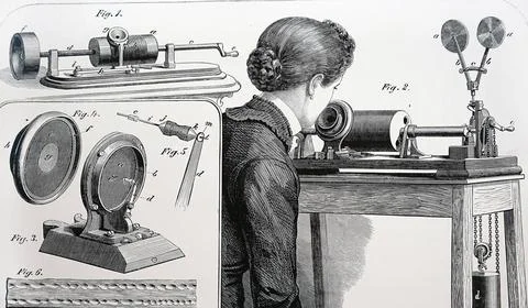  Fig. 1: Edison s first phonograph in which the tinfoil cylinder vas turne... Stock Photos