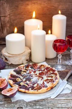 Fig and Pecan Pie or tart, homemade pie crust with figs, brown sugar, butte.. Stock Photos
