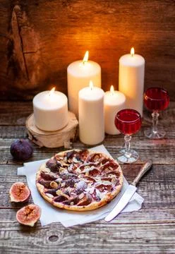Fig and Pecan Pie or tart, homemade pie crust with figs, brown sugar, butte.. Stock Photos