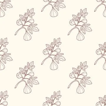 Fig Branch Seamless Pattern. Line Art Botanical Texture with Ripe Fruits an.. Illustrazione stock