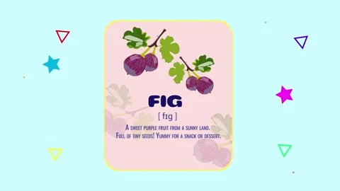Fig fruit flashcard motion graphics animation with floating geometric shapes Stock Footage 338128702