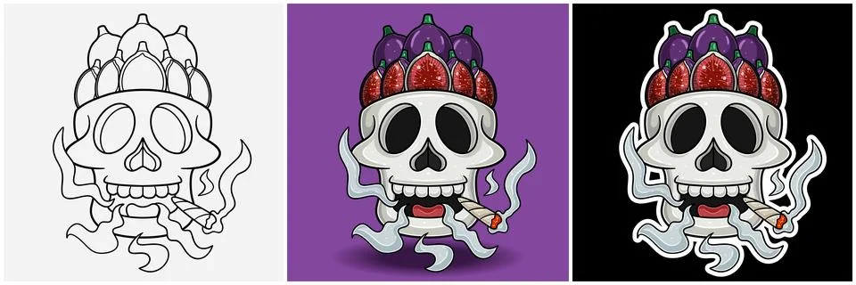 Fig Fruit Inside Skull Head With Smoking Character Cartoon. Black White, Co.. Stock Illustration