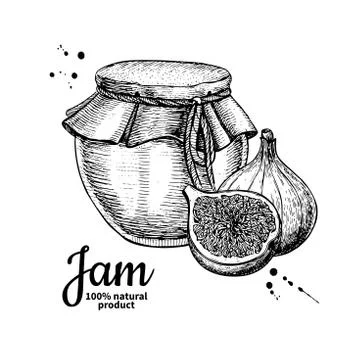 Fig jam glass jar vector drawing.  Fruit Jelly and marmalade.  H Illustrazione stock