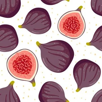 Fig seamless pattern, whole and half isolated on white. Summer or autumn harvest Illustrazione stock