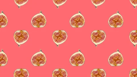Fig slices in animated grid seamless loop pattern on a coral background Stock Footage 222319843