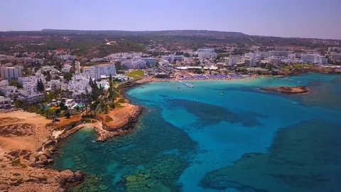 Fig tree beach Protaras Cyprus aerial 4k 스톡 동영상 120192837