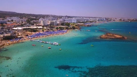 Fig tree beach Protaras Cyprus aerial 4k 스톡 동영상 120192986