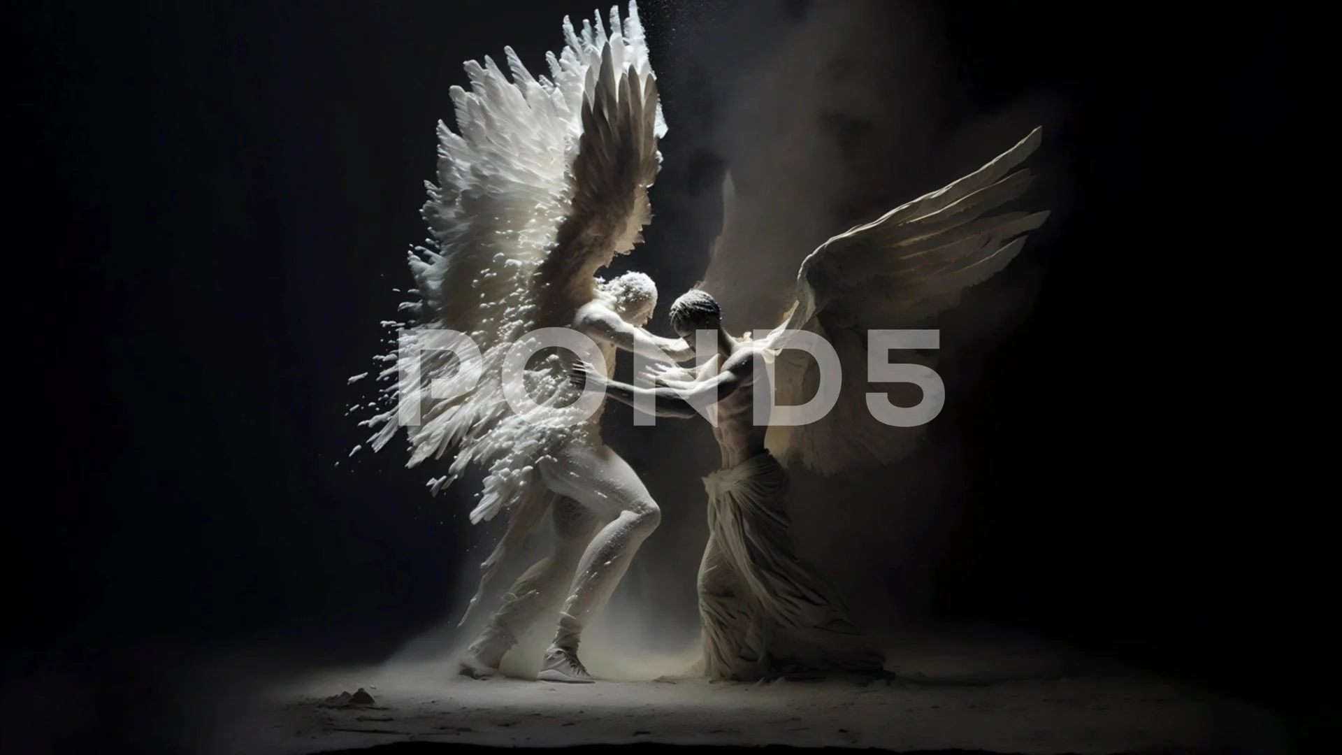 A fight against good versus evil. An angel is fighting a demon. 3D loping