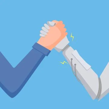 The fight between man and robot on a blue background. Stock Illustration