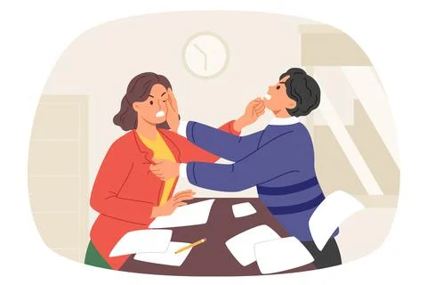 Fight between two colleagues in workplace, due to unfair pay or dispute over Illustrazione stock