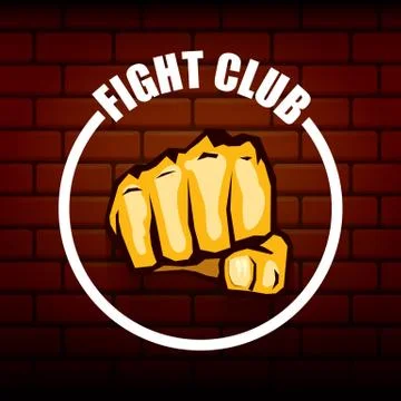 Fight club vector logo with orange man fist isolated on brick wall background Illustrazione stock