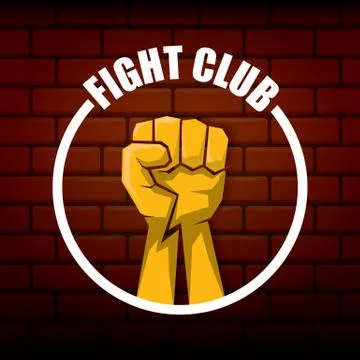 Fight club vector logo with orange man fist isolated on brick wall background 스톡 일러스트