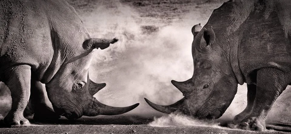 Fight, a confrontation between two white rhino in the African savannah on the 库存照片