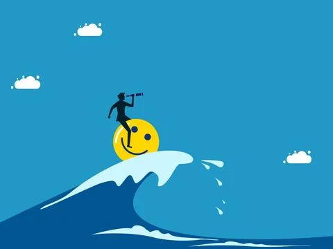 Fight crises with optimism and vision. Visionary man surfing the sea waves wi Stock Illustration