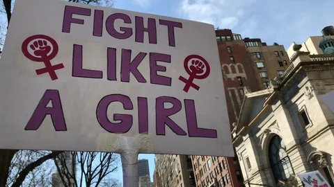 Fight like a girl Protest sign womens march NYC 1 Stock Footage