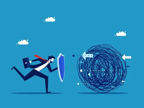 Fight the problem. Businessman running with a shield to prevent chaos Stock Illustration