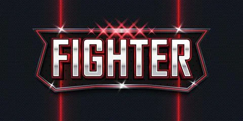 Fighter 3d text effect logo with red incandescent light and metal emblem Stock Illustration