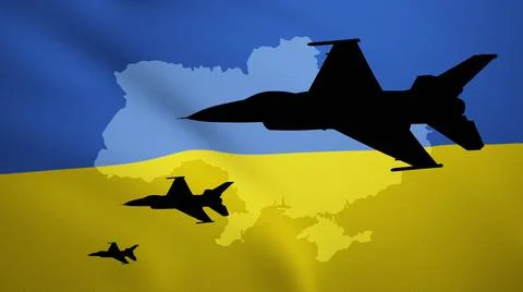 Fighter airplanes over Ukraine, map, flag illustration Ilustração Stock