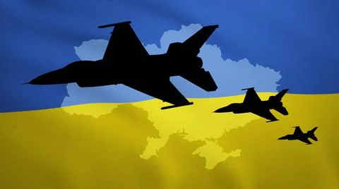 Fighter airplanes over Ukraine, map, flag illustration Ilustração Stock