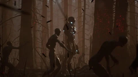 The fighter alien soldier bravely shoots zombies 04 Stock Footage 232968948
