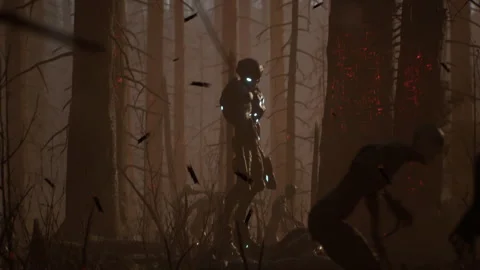The fighter alien soldier bravely shoots zombies 05 Stock Footage 232969409