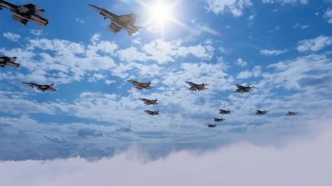 Fighter formation takes off in the air and flies through the clouds Video stock 288176414