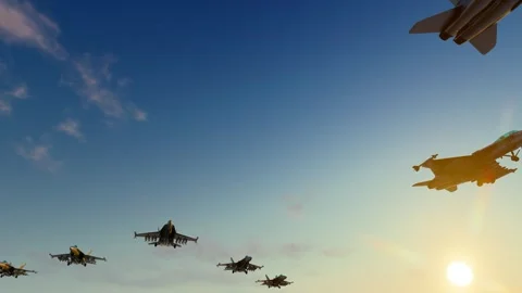 Fighter group flying in the air Stock Footage 288175996