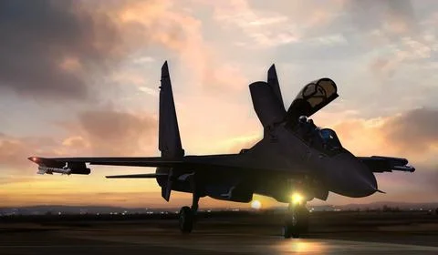 Fighter jet on air force base airfield getting ready to take off at sunset Stock-Fotos