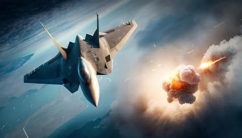 Fighter Jet and Explosion in Air Illustrazione stock