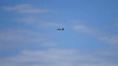 Fighter jet cruising in open sky with scattered clouds Stock Footage 319832970