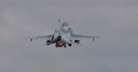 Fighter Jet F-16 Fighting Falcon Takeoff for Military Exercise. Frontal Close-Up Stock Footage 248719952