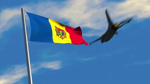 Fighter jet flies past Moldovan flag waving in the wind Stock Footage 171715604