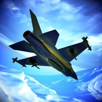 Fighter jet flying against a blue sky, 3d illustration Stock Illustration