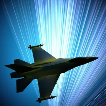 Fighter jet flying against a blue sky, 3d illustration Illustrazione stock