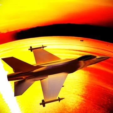Fighter jet flying against a blue sky, 3d illustration 库存插图