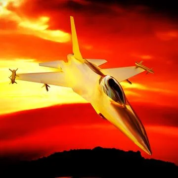 Fighter jet flying against a blue sky, 3d illustration イラスト素材