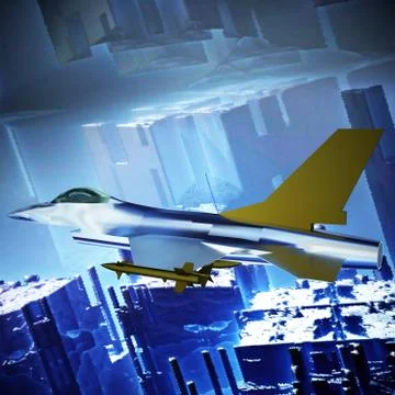 Fighter jet flying against a blue sky, 3d illustration 스톡 일러스트