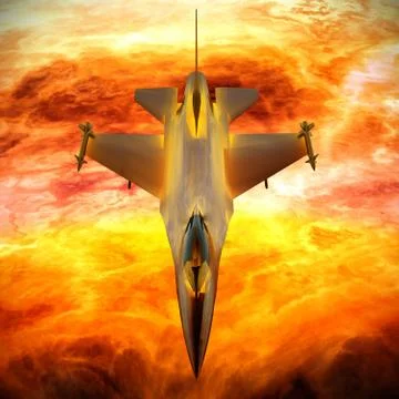 Fighter jet flying against a blue sky, 3d illustration 스톡 일러스트