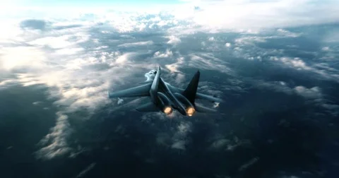 Fighter Jet flying high above the clouds Stock Footage