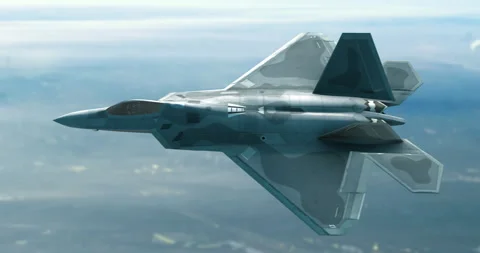 Fighter jet flying high altitude mission above clouds industralized city. Video stock 328665163
