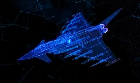 Fighter jet. Glow particles airplane. Virtual Air plane. Aviation air force 스톡 일러스트
