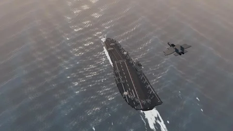 Fighter jet launching from carrier bow catapult aerial golden hour open wate Stock Footage 343735779