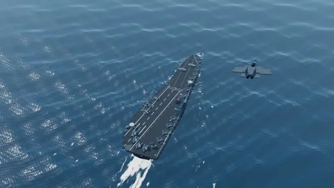 Fighter jet launching from carrier bow catapult aerial open ocean blue seasc Stockbeeldmateriaal 343735811
