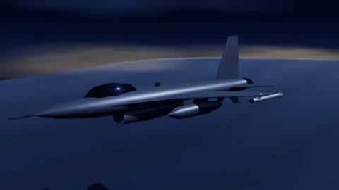 Fighter jet on a night low level training run over moonlit desert Stock Footage 340875698