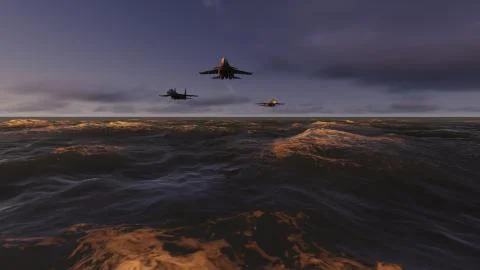 Fighter jet over the sea Stock Photos