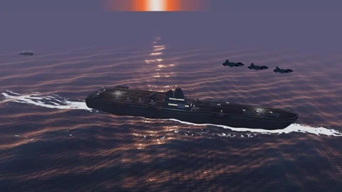 Fighter jets on approach to carrier with rescue helicopter aerial ember dusk Stock-Footage 343742472